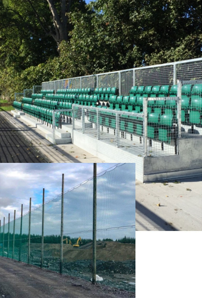 Two sports installations (spectator strand with seating and netting) provided by Linton Fencing & Sports Grounds Ltd