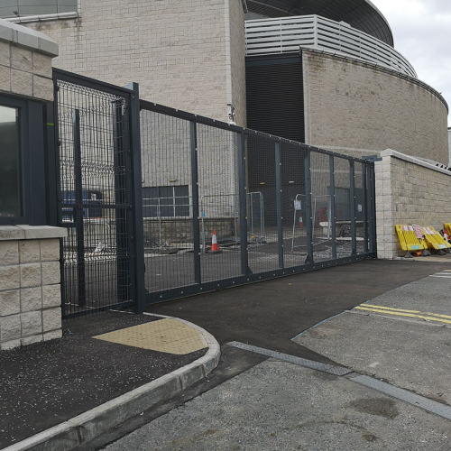 Heavy duty high security fence with gate installed at the SSE Arena in Dublin, Ireland.